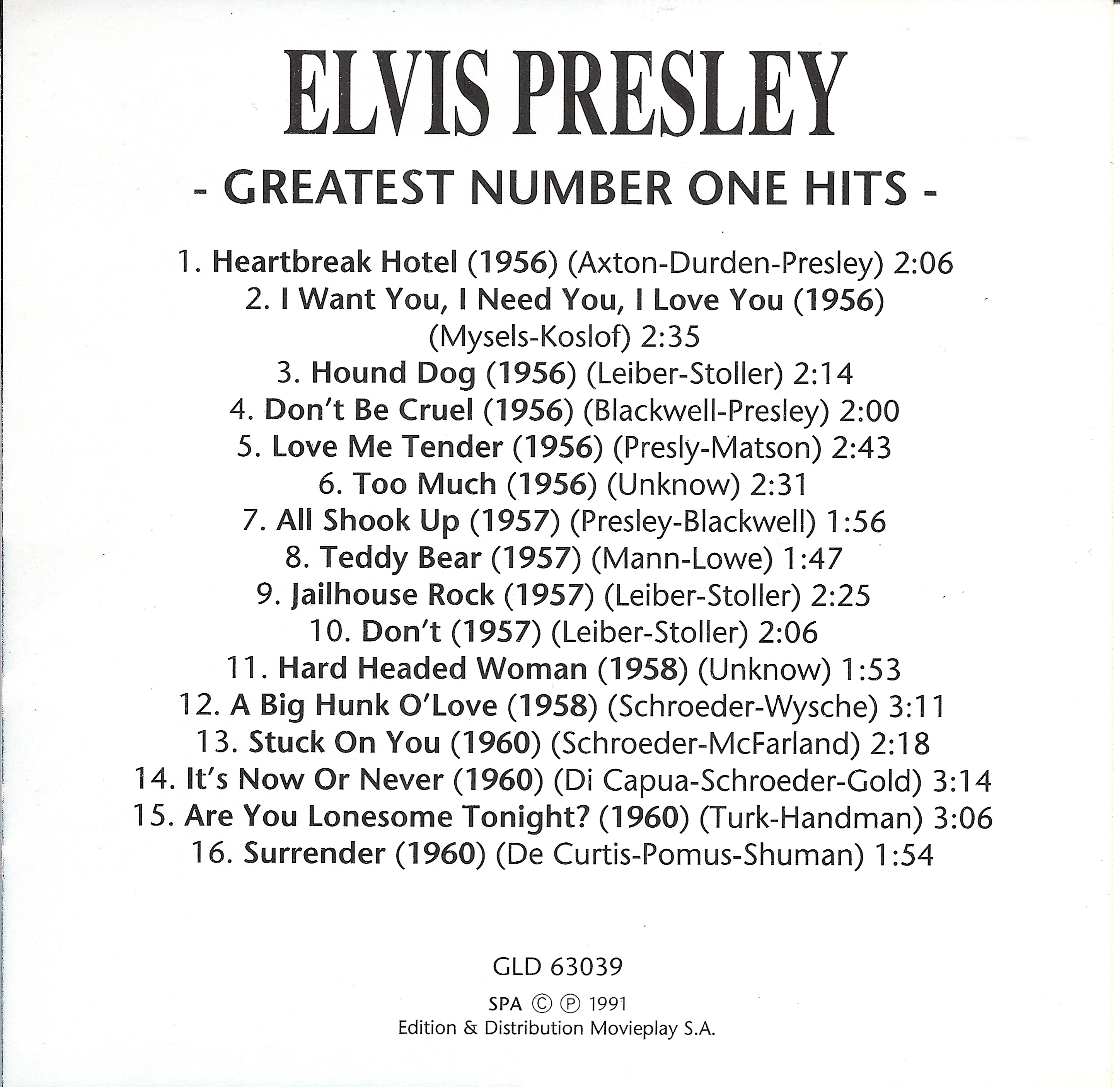 Elvis Presley  Greatest Number One Hits : Front + Inlay